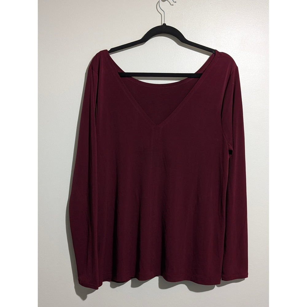 Lane Bryant Top Womens 14 16 Burgundy Slinky Deep V Back Long Sleeve Stretch